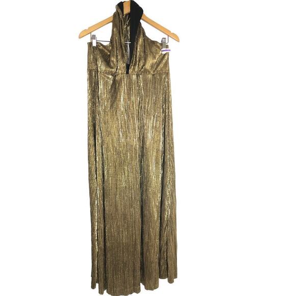 Topshop Metallic Plisse Dress Cut Out Halter Neck Evening Party Gold NWT 12 - Picture 5 of 10
